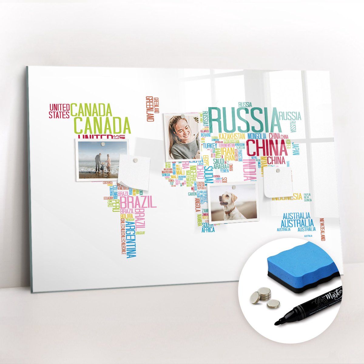 Tulup Whitebord - Kaart met landnamen - 90 x 60 cm - Veelkleurig Foto Magneetbord - Gratis 5 Sterke Magneten + Whiteboard Marker & Wisser - Organizer Muur - Magnetisch Wandbord - Planning Muur