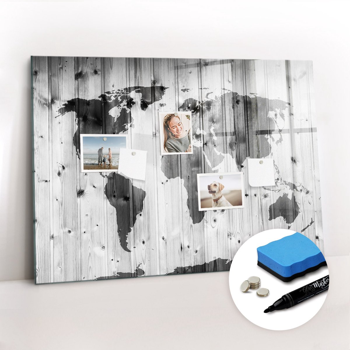 Tulup Whitebord - Wereldkaart op hout - 100 x 70 cm - Zwart-wit Magneetbord Rechthoekig - Gratis 5 Sterke Magneten + Whiteboard Marker & Wisser - Scandinavisch Design Bord - Magnetisch Wandbord - Organiseer Je Bureau