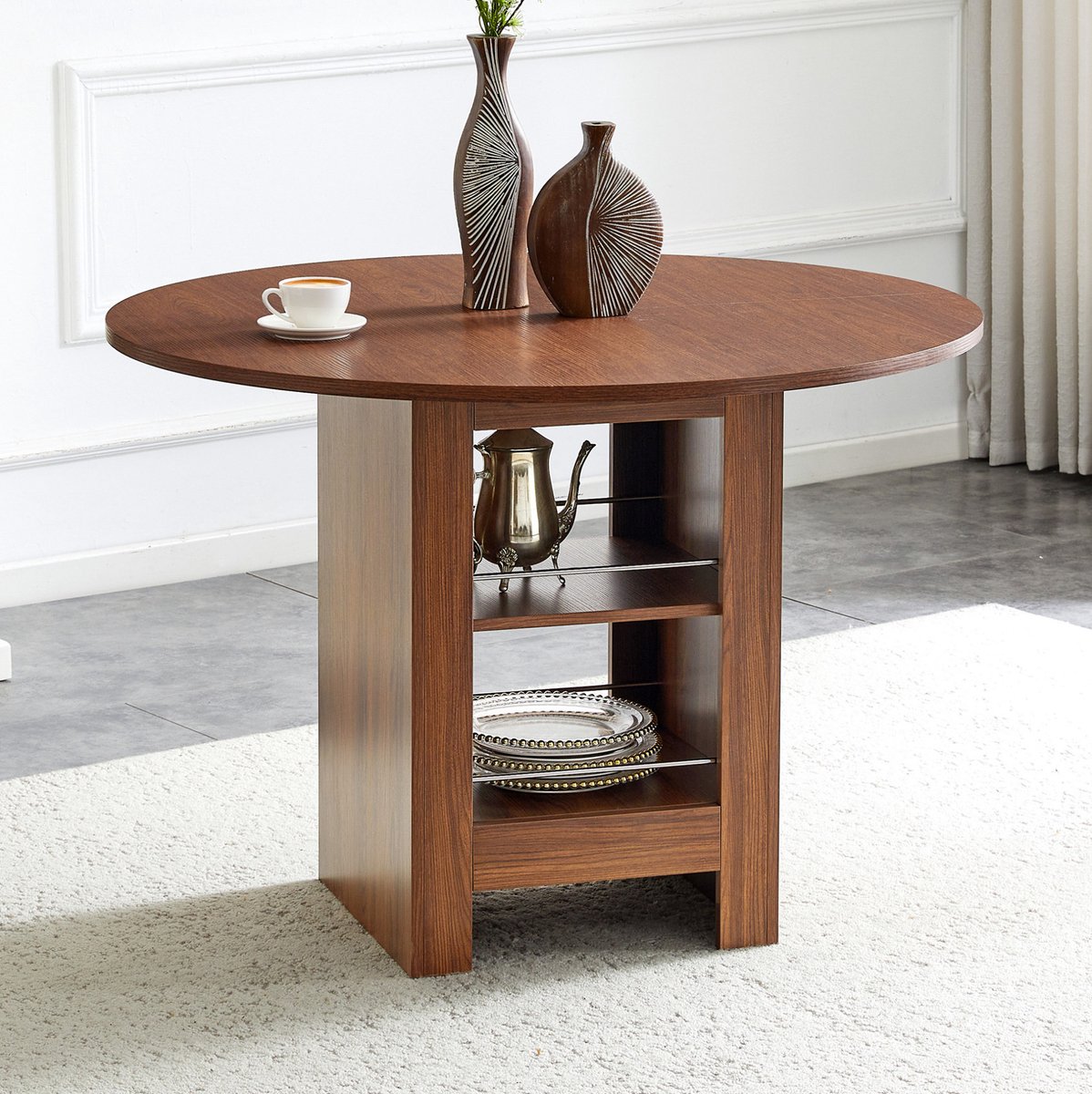 MIVRAY Eettafel - Ronde Tafel Met Open Opbergvakken - Voor Keuken En Eetkamer - MDF In Walnootkleur - 100x100x76 Cm