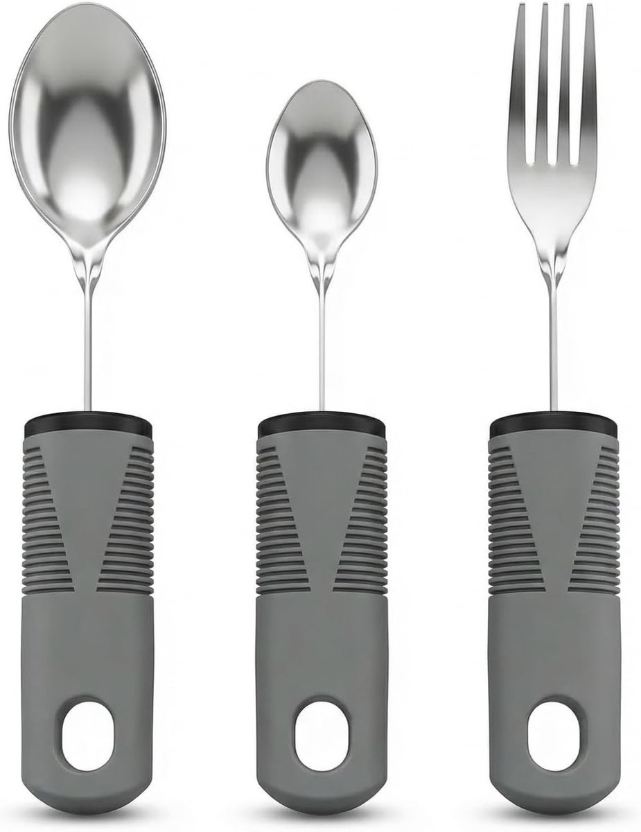 Ergonomisch bestek voor volwassenen met een beperking, flexibele vork en lepel, roestvrij staal met rubberen handvatten, 3-delige set voor senioren