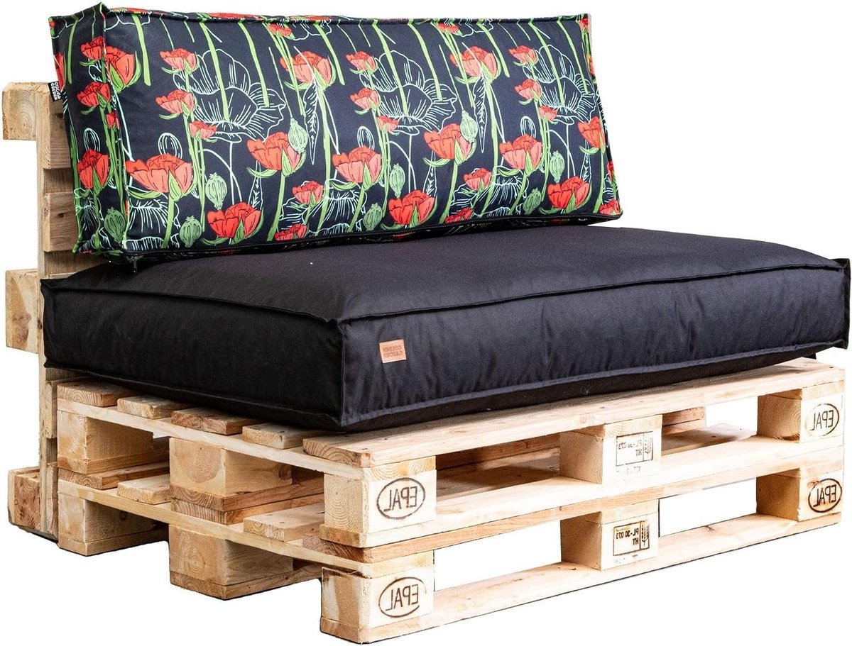 Tuinkussen Set - Palletkussens - Loungen Buiten - Waterdicht & UV-bestendig - 120x65cm - Zwart Papavers
