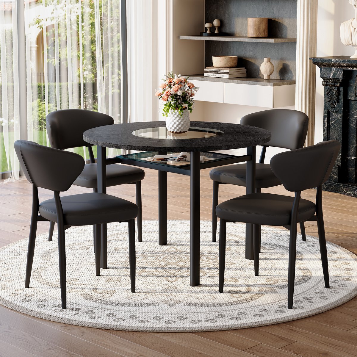 DESMIU Tafel En Stoelen Set 100 Cm - Ronde Eettafel Met 4 Stoelen En Glazen Inleg - Voor Eetkamer, Woonkamer En Open Keuken - Hout Metaal Zwart
