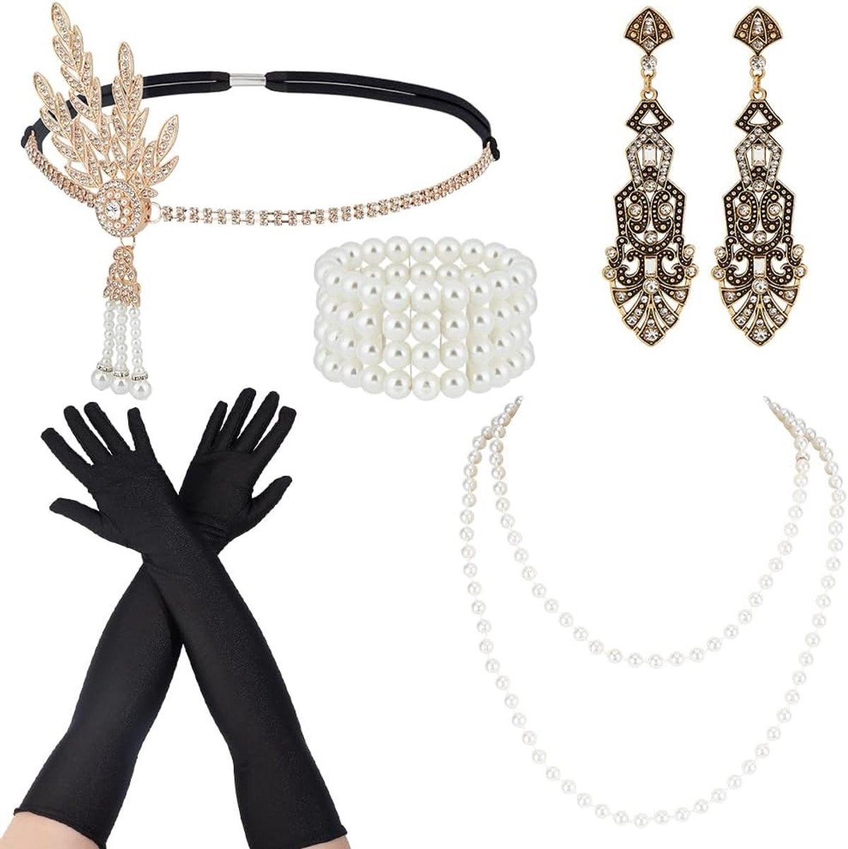 Elegante parelset voor dames in flapperstijl met hoofdband, handschoenen, ketting, armband en oorbellen voor vintage Halloween-kostuums en feestjes