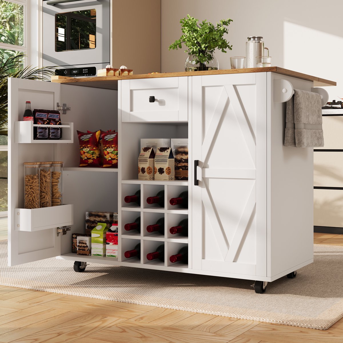 COVREO Keukenkast 137,5 x 40 x 95,6 cm - opklapbaar blad, wielen, lade en wijnrek, wit