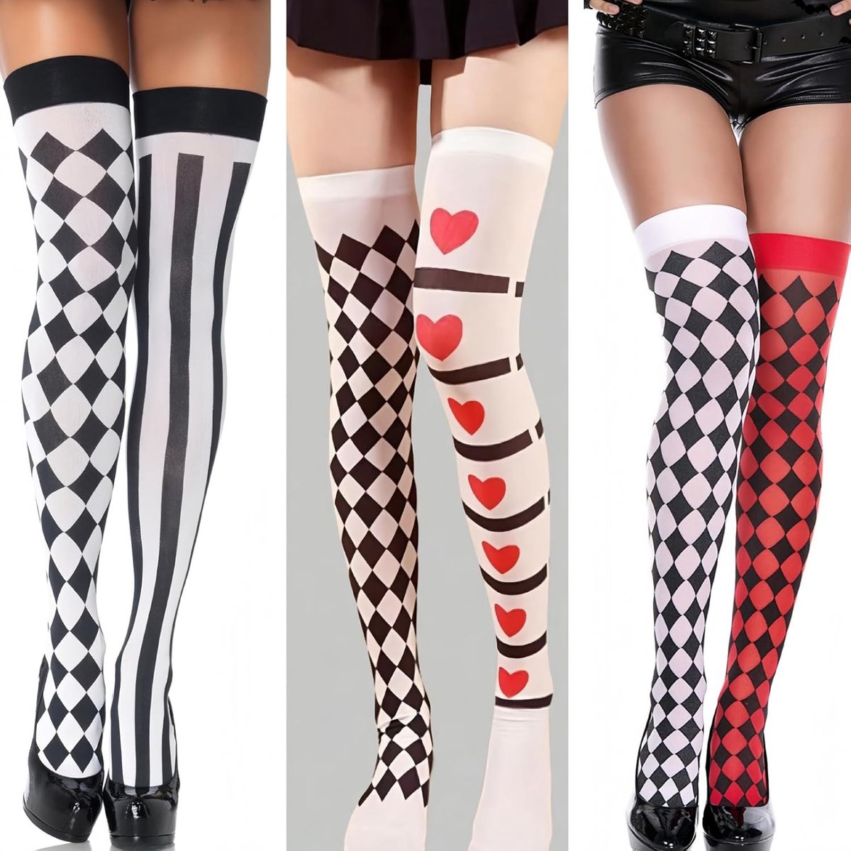 Halloween Overknee Sokken voor Dames - Gestreepte en Geruite Kniekousen in Wit, Zwart en Rood, Lange Kousen voor Clown Kostuum, Pantomime Outfit en Carnaval Accessoires