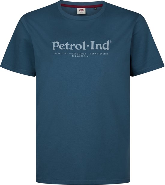 Blauw Petrol Industries T-shirt met zilveren tekstprint 'Petrol-Ind Steel City Pittsburgh Pennsylvania 15265 U.S.A.'.