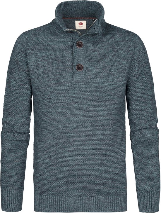 Blauwe gemêleerde sweater met hoge kraag, knoopsluiting en rits, van voren.