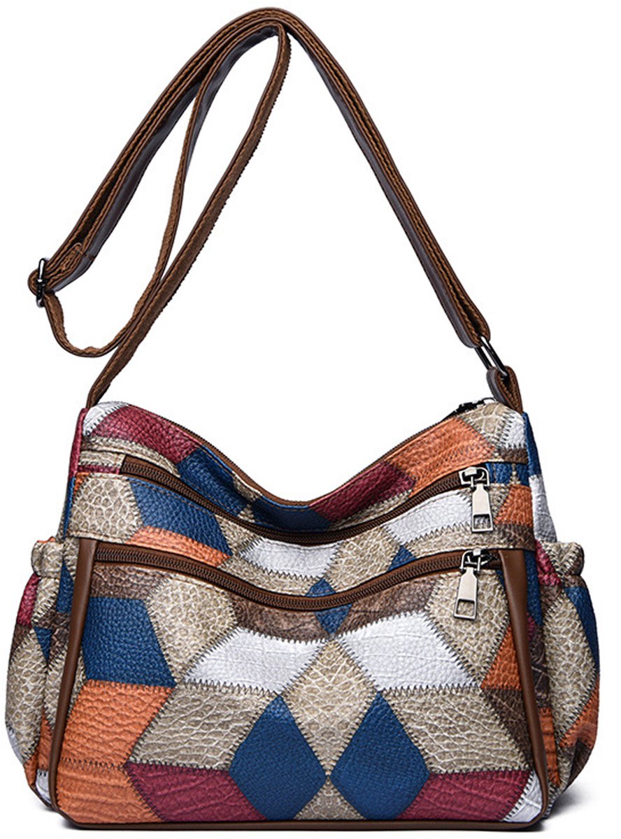 Dames Crossbody Tas Patchwork – Zachte Schoudertas met Meerdere Vakken – Verstelbare Schouderband & Metalen Details