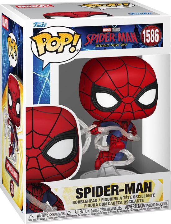 Figurine Funko Pop! Spider-Man 1586 avec toile et socle transparent.