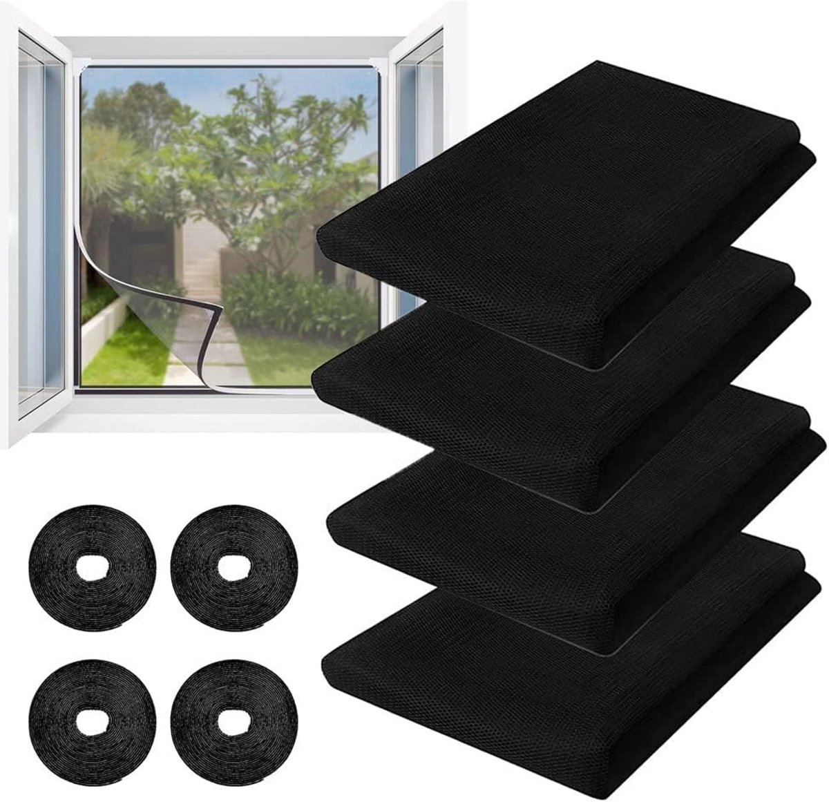 Set van 4 Insectenwerende Horren voor Raam - Fijn Gaas, Zelfklevend, Geen Boren, 1.5 m x 2 m, Zwart, Ideaal voor Muggenscreen en Vliegenbescherming