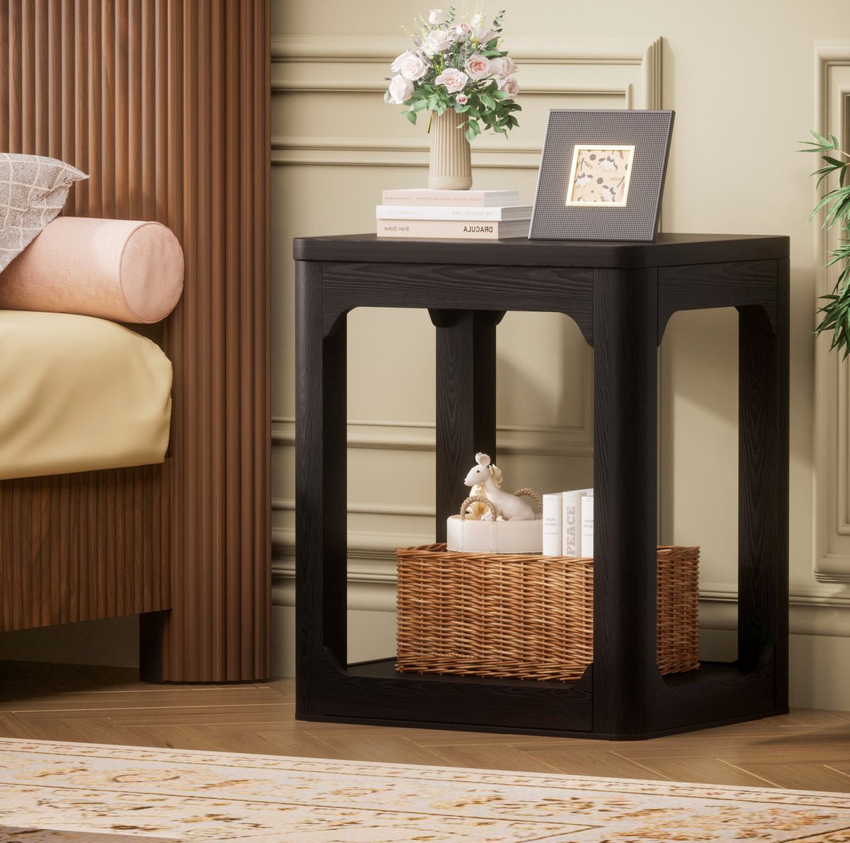 OKWISH Bijzettafel - 2-Delige Set - 2-Laags Opbergrek - Voor Woonkamer Slaapkamer Of Kantoor - MDF Zwart Mat - 50 x 40 x 60 cm