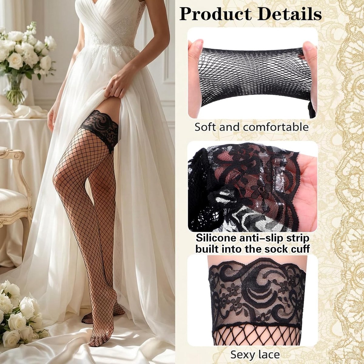 4 Paar Vrouwelijke Visnet Kousen, Zwarte Halterloze Kousen met Holle Rand, Sexy Antislip Nylon Kousen voor Dames en Meisjes, Perfect voor Feestjes en Avonden