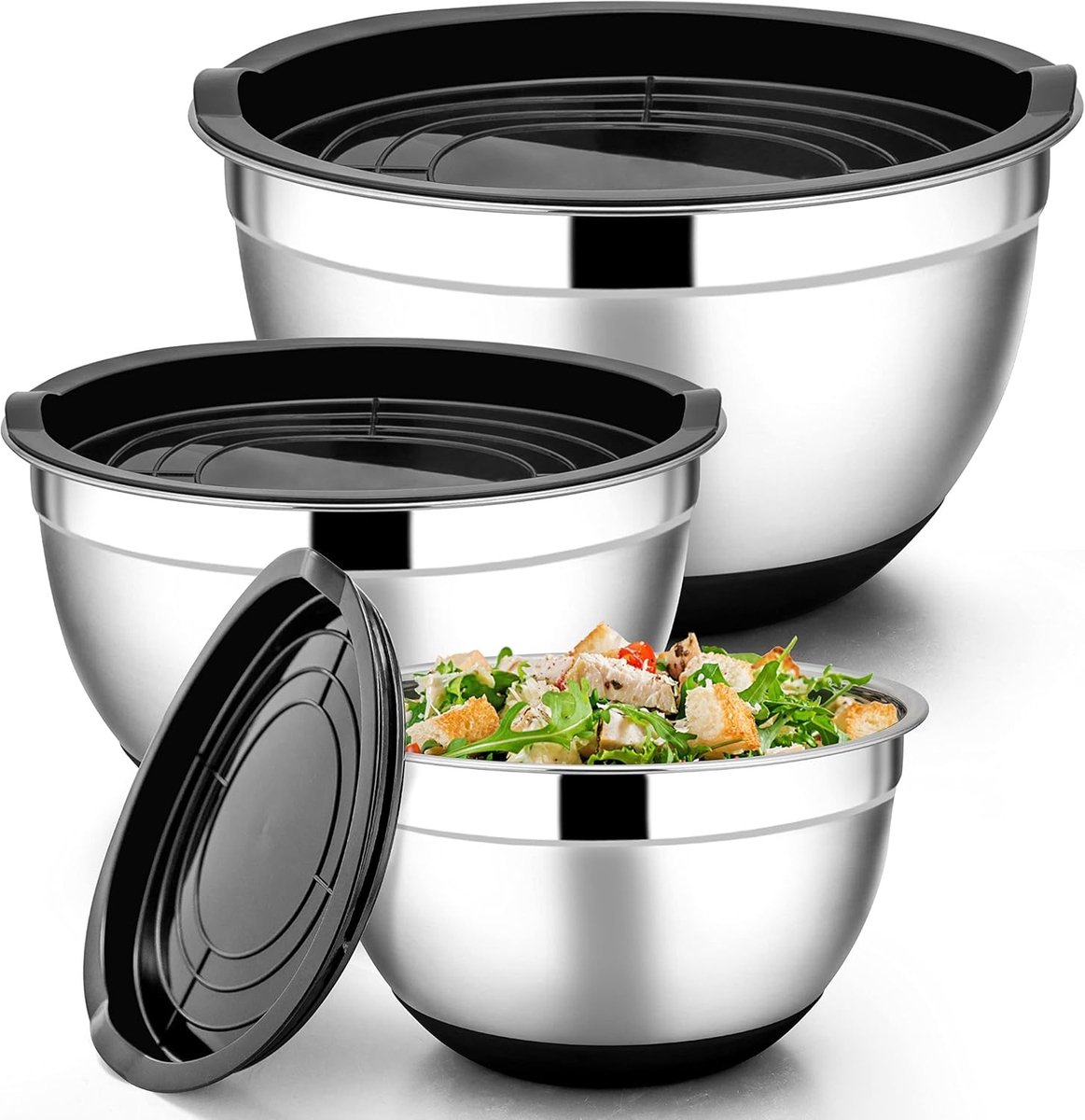Set van 3 RVS Mengkommen met Luchtdichte Deksel en Antislip Bodem, Ideaal voor Salades, Bakken en Koken - Vaatwasserbestendig 4.6L/2.8L/1.2L