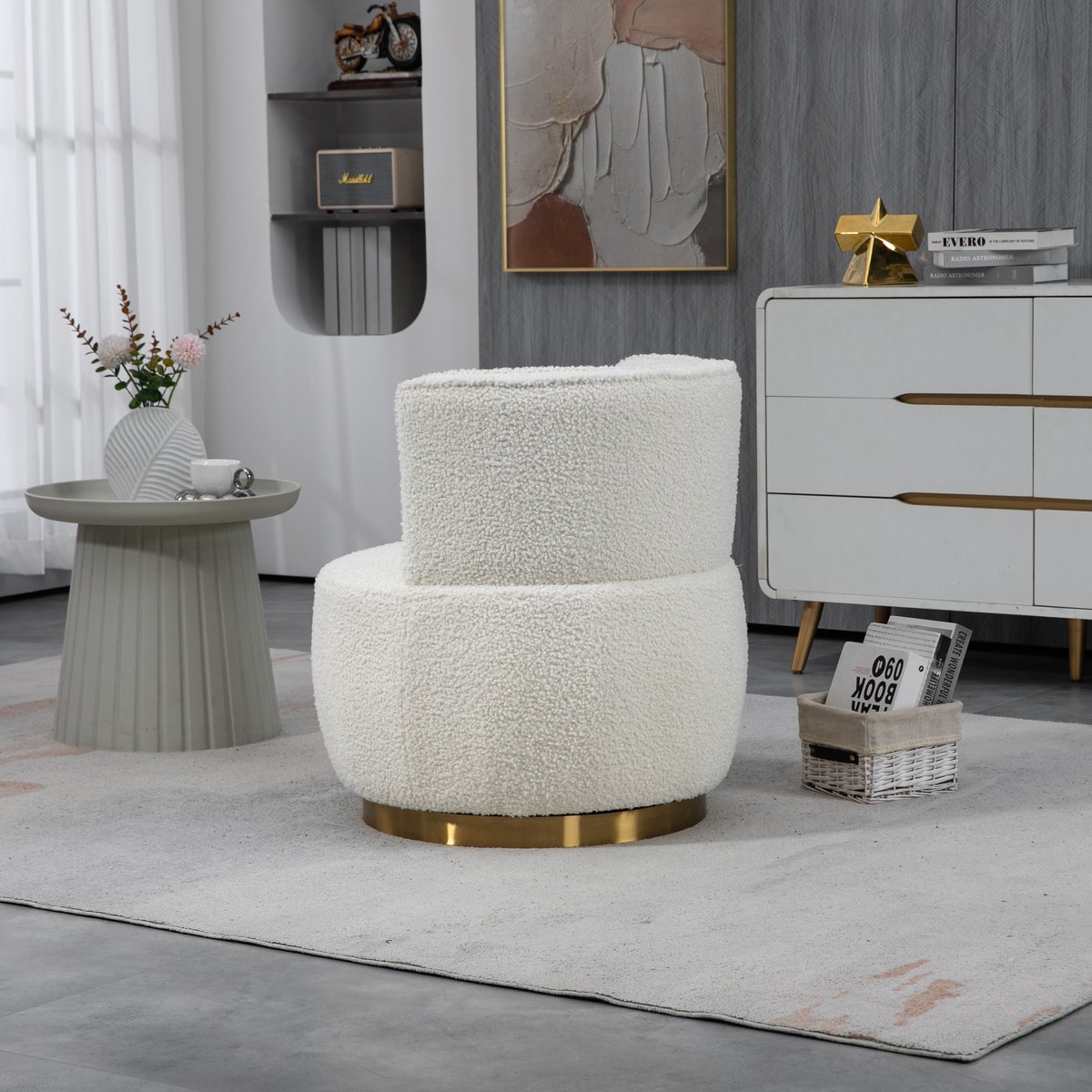 DESMIU Fauteuil 62,5 x 62 x 69,5 Cm - 360 Graden Draaibaar Met Ergonomische Rugleuning - Voor Woonkamer En Slaapkamer - Teddy Velvet - Wit