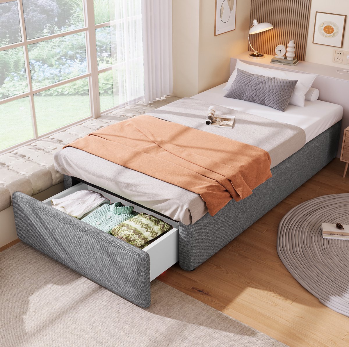 OKWISH Gestoffeerd Bed 90x200 cm - Met Hydraulische Opbergruimte en Lade - Zonder Hoofdbord - Eenpersoonsbed - Zonder Matras - Grijs