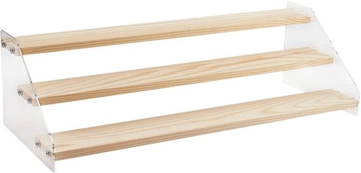 3-laags houten displaystandaard - 40,5 x 16 x 11,5 cm helder acryl figuurorganizerhouder voor op kantoor, thuis, tafelblad en ambachtelijke beurzen