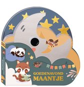 Voor- en achterkant van 'Goedenavond Maantje' kinderboek met maan, sterren, vosje en panda.