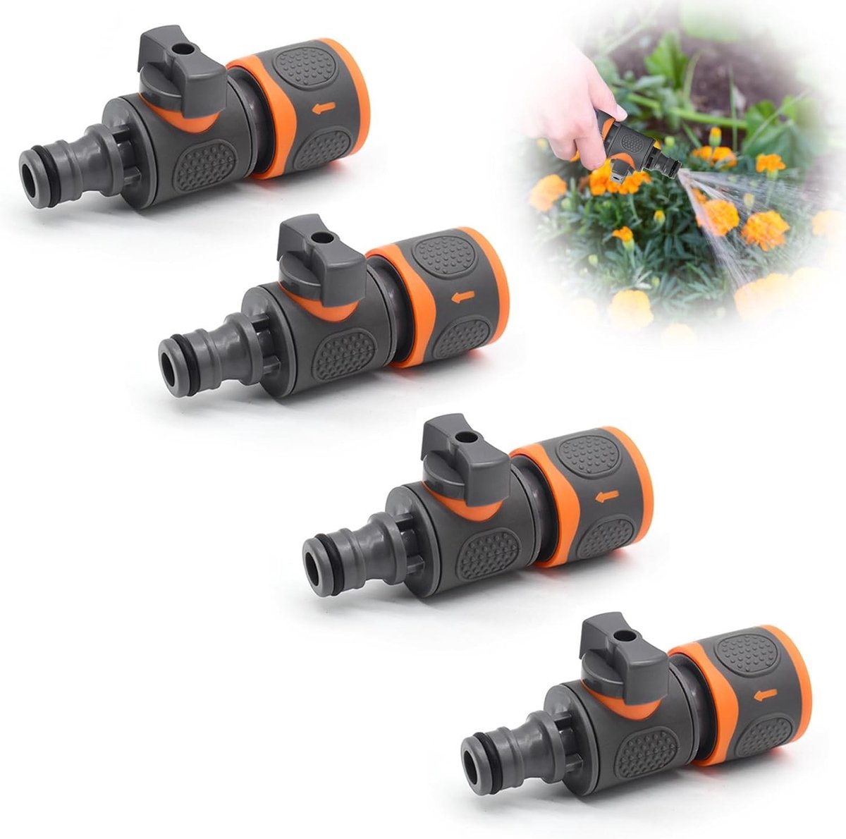 Koppelstukken met afsluitklep, 4-delige set voor slangverbindingen, geschikt voor 1/2 inch aansluitingen, ideaal voor tuin en irrigatie