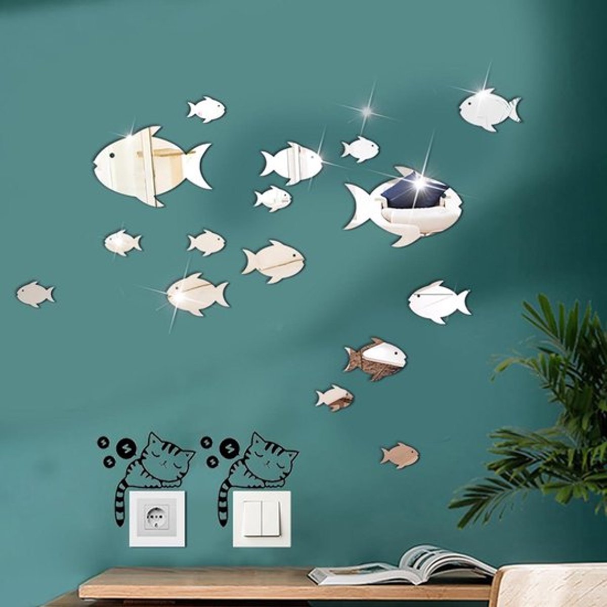 Muurstickers vissen - Set van 18 stuks schattige visstickers voor kinderkamer - Zelfklevende muurkunst met kattenschakelaarstickers