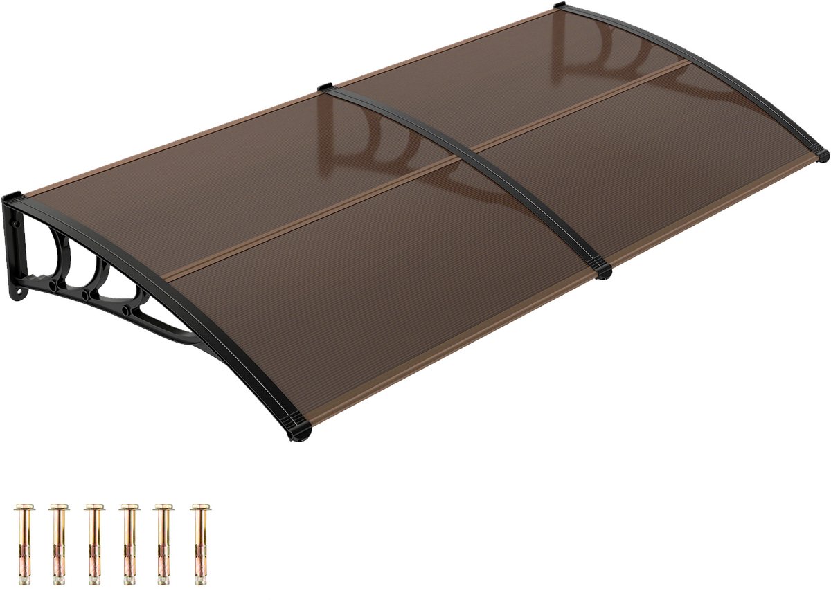 COSTWAY Vordach voor voordeur 197 x 89 cm, overkapping van aluminium en polycarbonaat, transparant lessenaarsvormig afdak, voordeurafdak, lessenaarsvormig afdak, voordeurdak, deuroverkapping voor entreegebied (bruin)