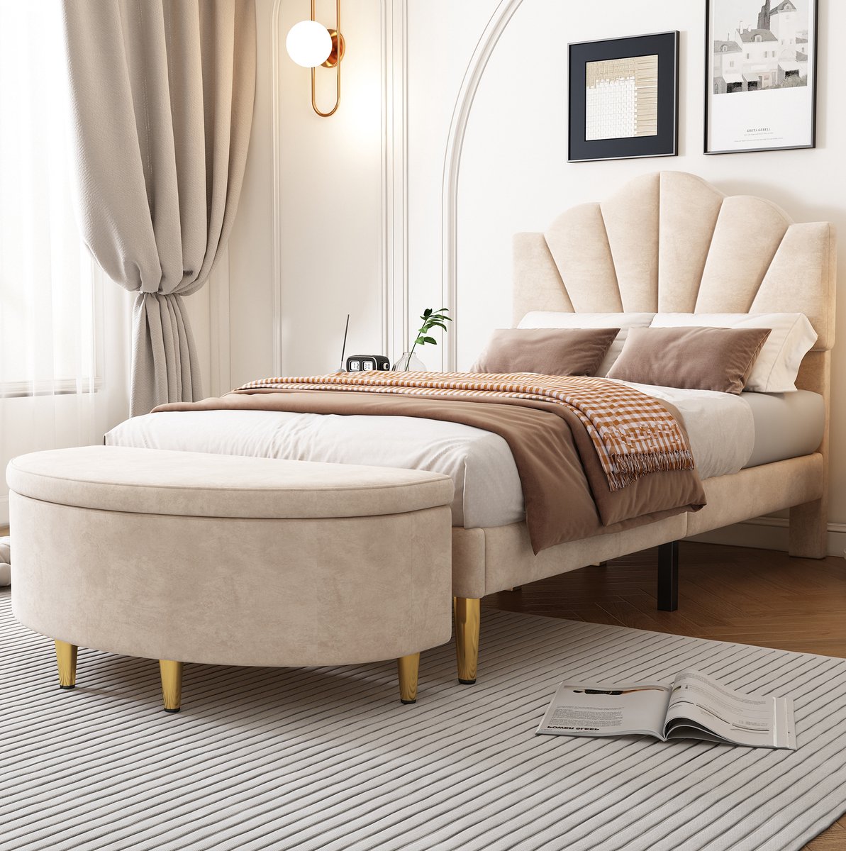 MIVRAY Hocker 90 x 40 x 42 cm - Opbergbank Met Zachte Fluwelen Bekleding En Metalen Poten - Voor Hal En Slaapkamer - Beige