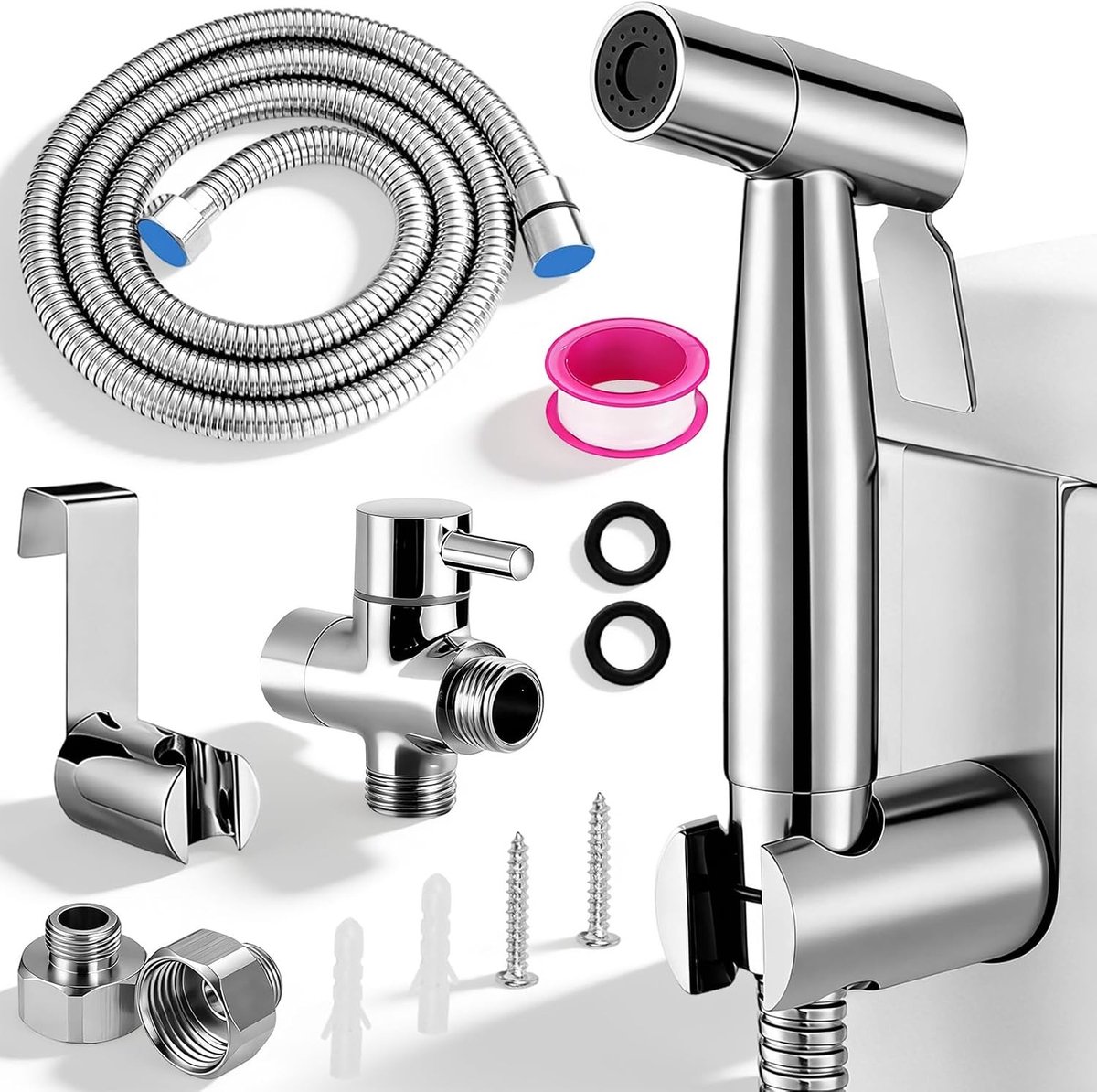Draagbare bidet handdoucheset met roestvrijstalen douchekop, wc-adapter en wandhouder voor optimale hygiëne en comfort