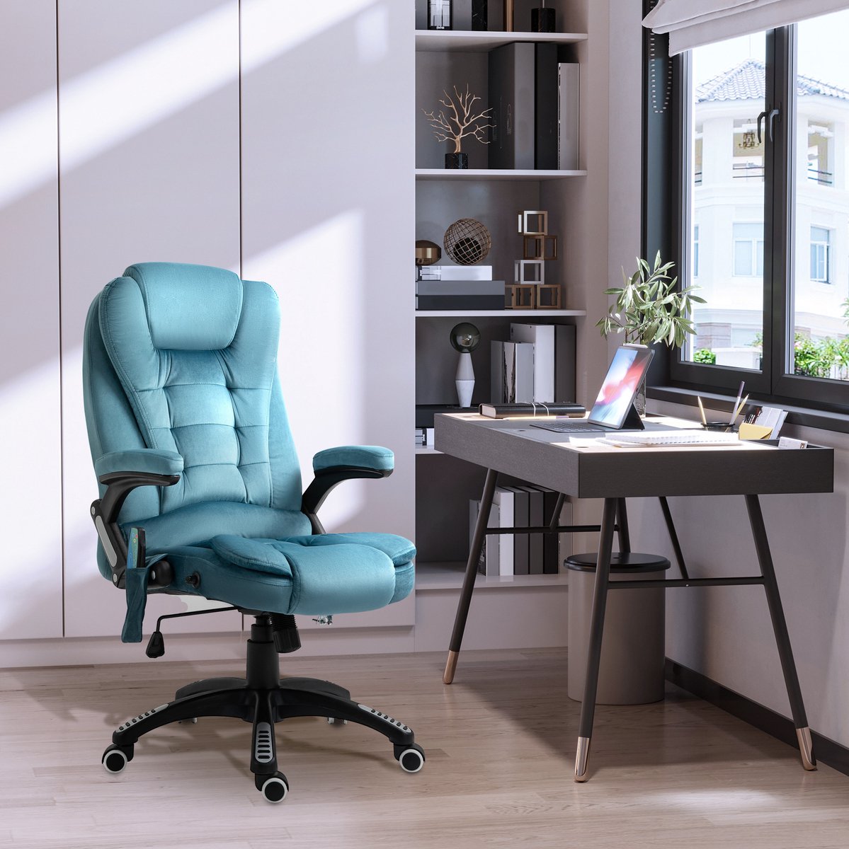 OKWISH Bureaustoel - 68 x 72 x 110-120 cm - Massage- En Verwarmingsfunctie, Verstelbaar Tot 130° - Voor Kantoor Of Gamekamer - Polyester - Blauw