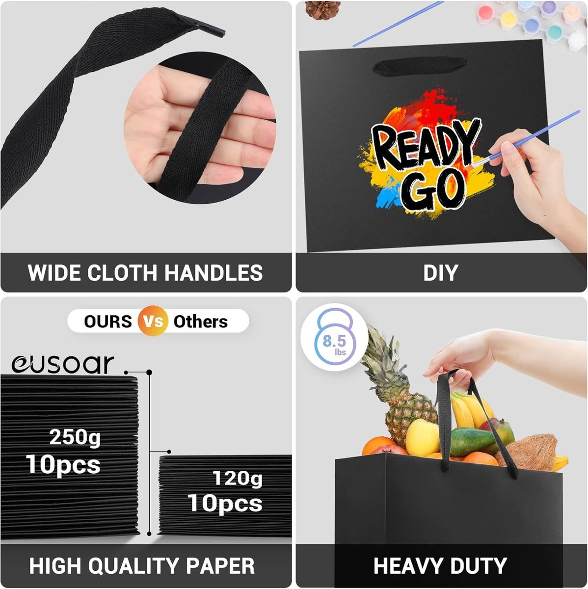 Grote Zwarte Cadeautassen van 250gsm Papier met Handvat - 10 Stuks - 32 x 11,5 x 28 cm - Ideaal voor Verjaardagen, Feestjes en Cadeaus