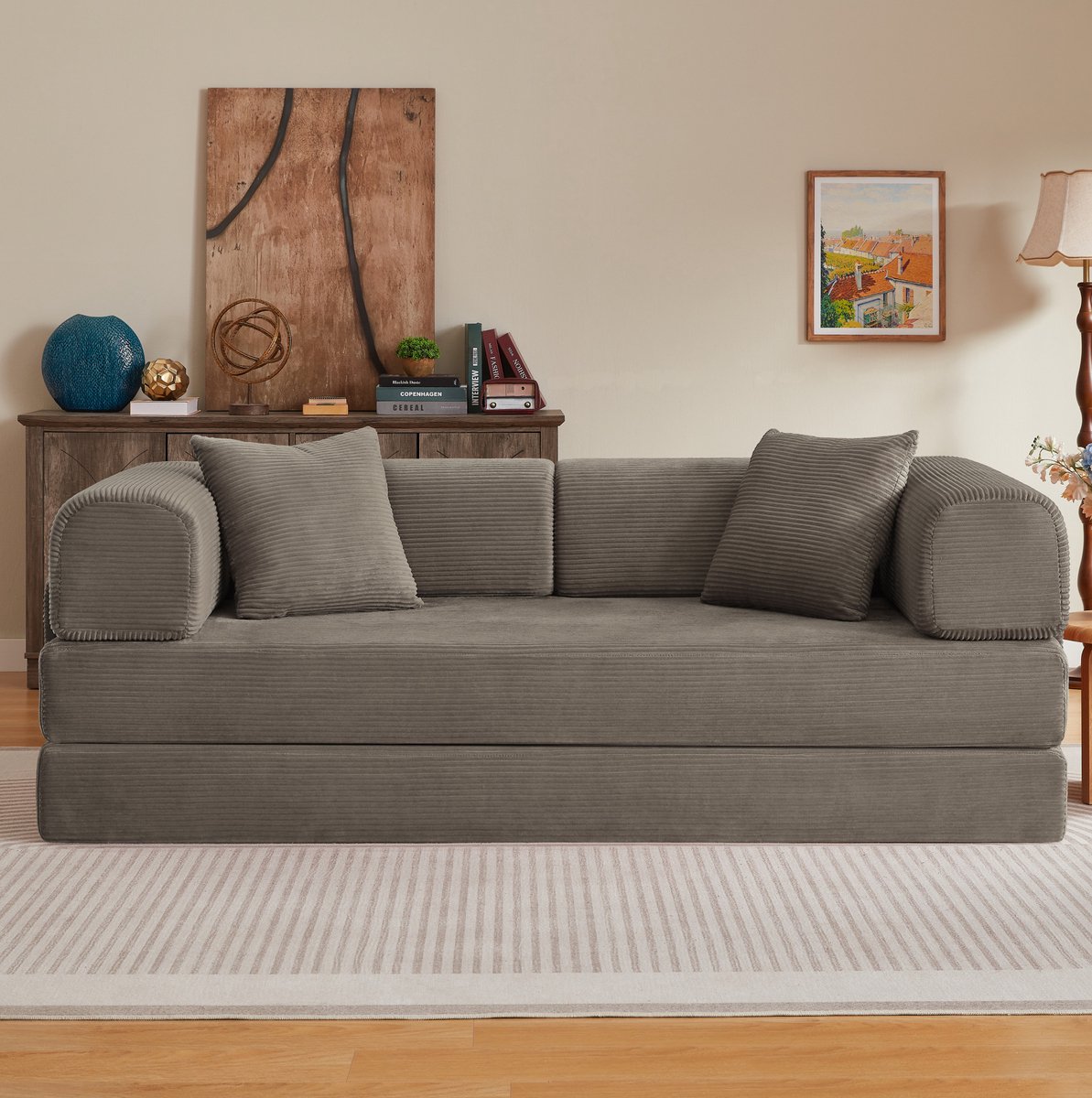 Wishdor - Slaapbank - Opvouwbaar 3-zits met 2 kussens - Lage vloersofa - Woonkamer of slaapkamer - Corduroy met koudschuim en staal - Taupe