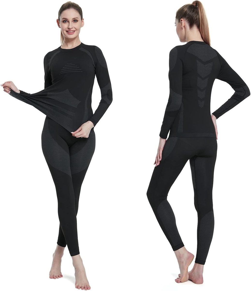 Functioneel thermo-ondergoed voor dames, warm en ademend ski-ondergoed, set sportondergoed voor herfst en winter, zwart, XXL, ideaal voor buitenactiviteiten en comfort