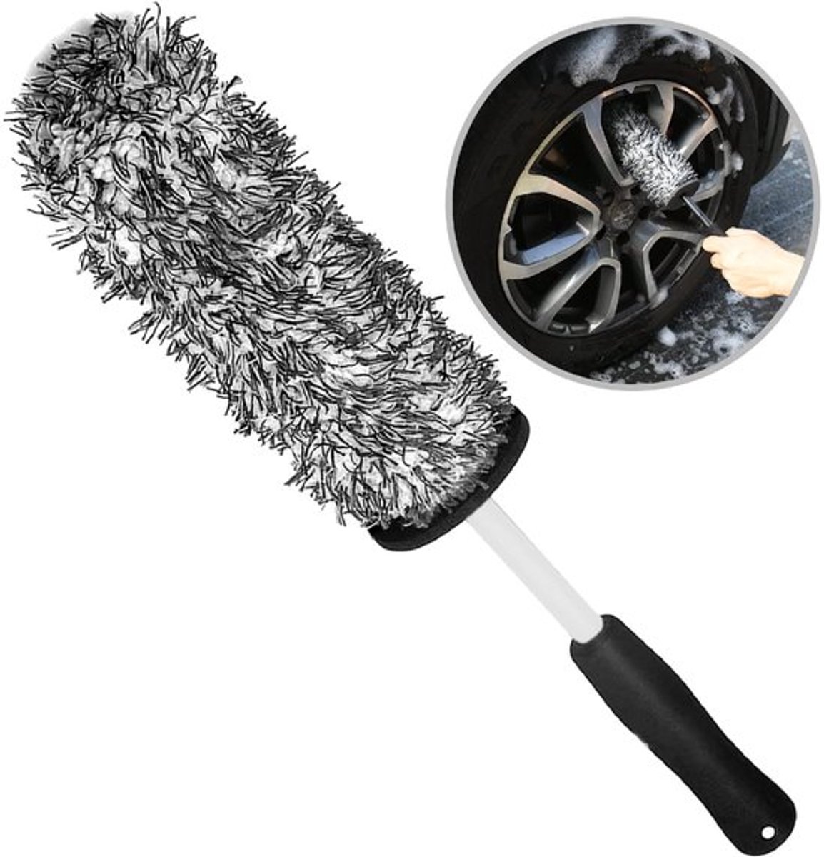 Auto Reinigingsborstel, Velgenborstel, Lange Handgreep, Microvezel Velgenborstel, Detailborstel voor het Reinigen van Velgen voor Auto en Motor, Zwart