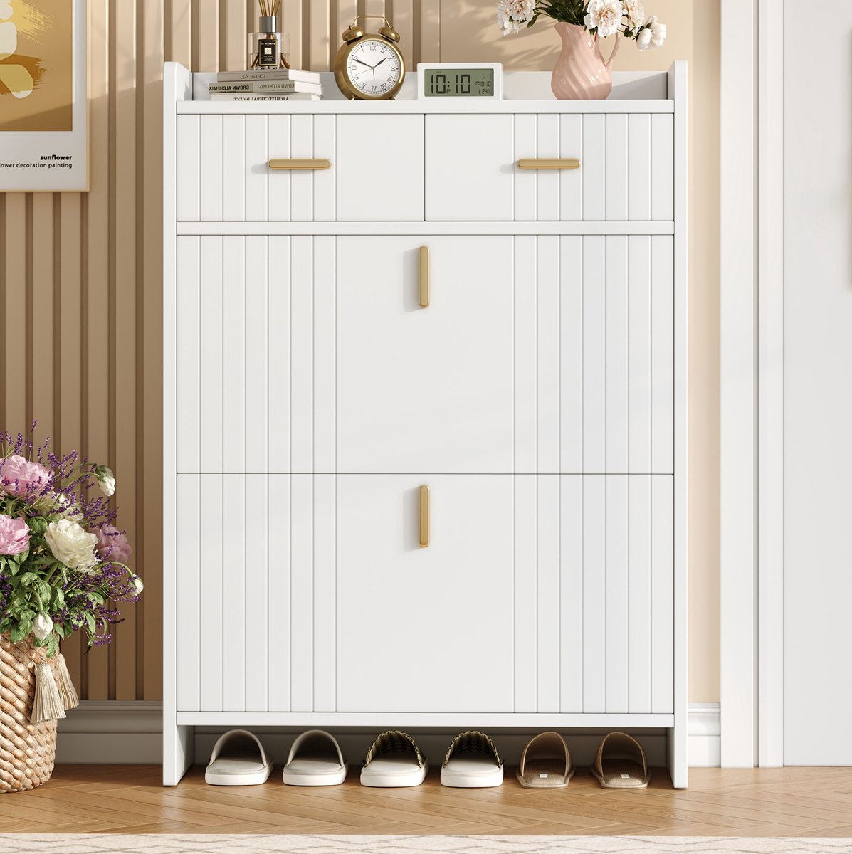 Wishdor - Schoenenkast - Smal model met klepvakken en lade - Modern minimalistisch - Voor hal en entree - Houtlook - Wit - 75 x 24 x 108,5 cm