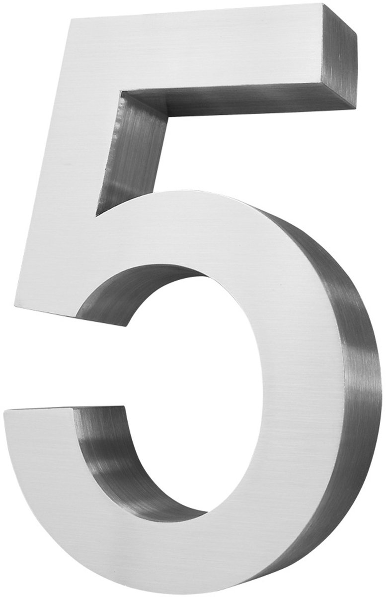 Roestvrijstalen huisnummer – 20 cm groot – 5 cijfers – Geborsteld 3D-design – Lettertype Arial – V2Aox