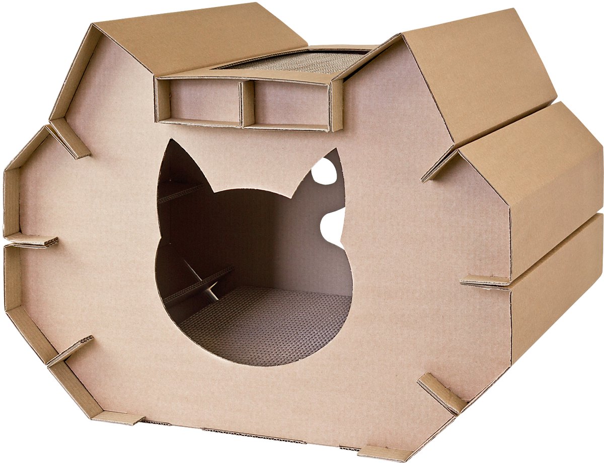 XXL Kattenhuis, Kattenhol, Kattennest, Krabmat – Kartonnen huis & speelhuis voor katten met krabinzet – Petigi Krabplank, Kattenmeubel, Kartonnen kattenhuis