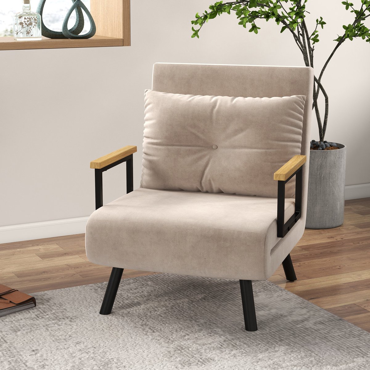 MIVRAY Fauteuil 63 x 73 x 81 cm - Verstelbare Rugleuning Met Bedfunctie - Voor Woonkamer En Logeerkamer - Velvet Beige