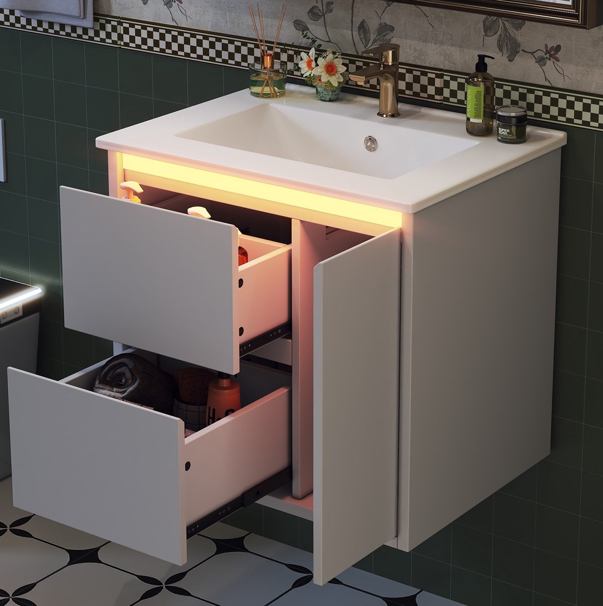 OKWISH Badkamermeubel - Wandhangende Wastafel Met LED-Sensorverlichting - 2 Lades En 1 Kast Met Soft-Close - MDF Keramiek Wit - 61 x 46,5 x 57 cm