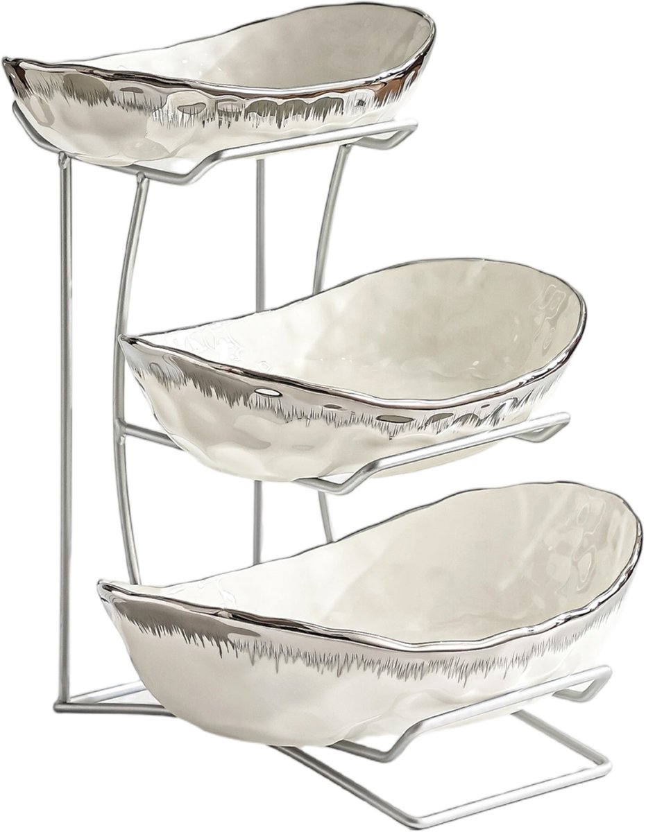 3-Laags Fruitschaal met Metalen Rek – Keramische Schalen – Etagère voor Fruit, Snacks & Decoratie – Wit/Zilver