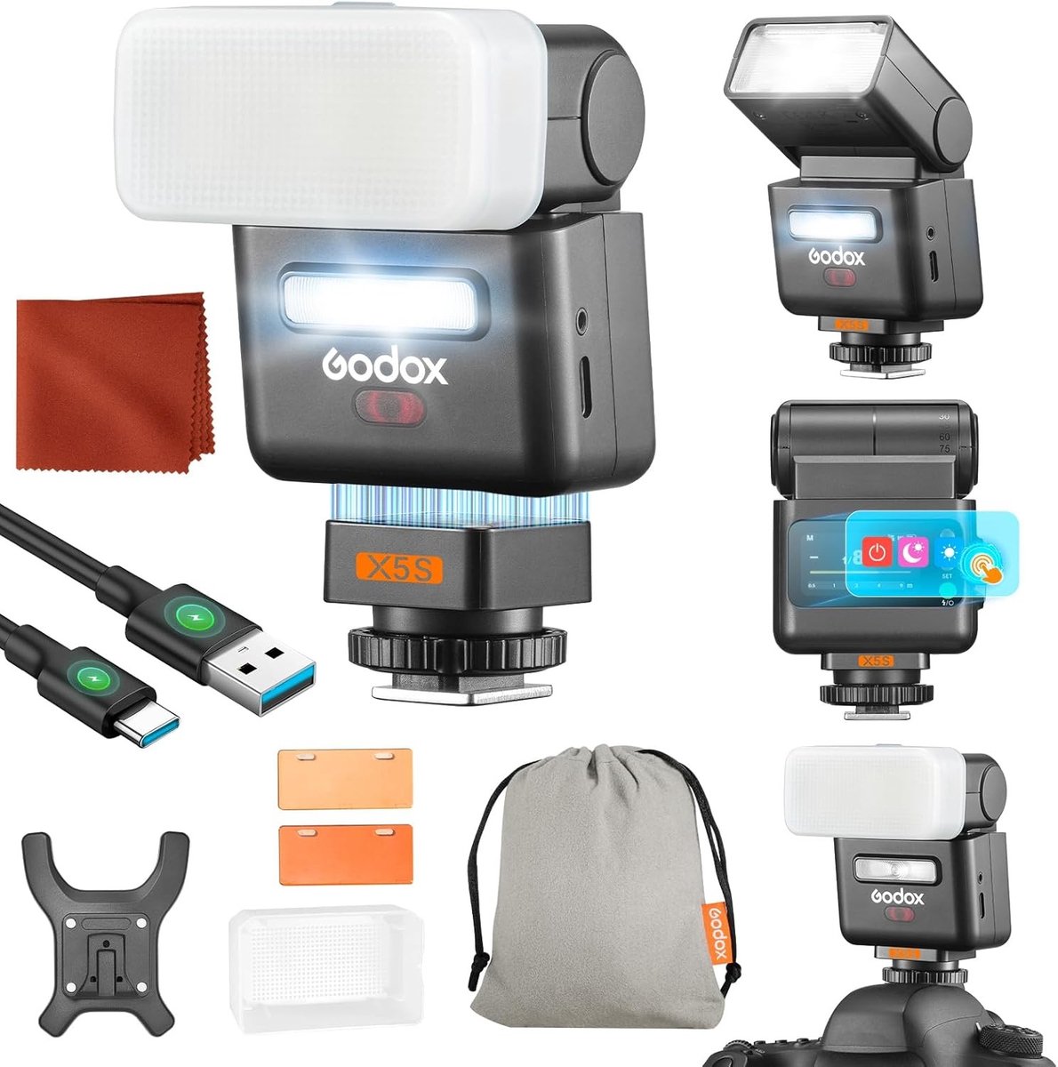 TTL Mini Flash voor Sony camera's met X5S flitser diffuser, HSS, 2.4GHz X-systeem en geïntegreerde reflector met LED-licht en kleurfilter