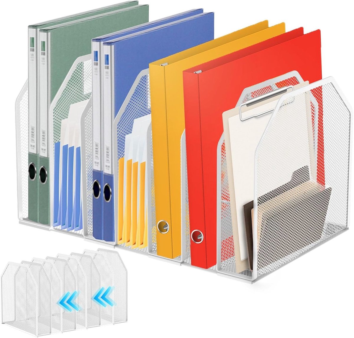 Verstelbare verticale bureaublad document organizer met gaasontwerp voor thuis, studie, kantoor en school - 7 vakken in wit