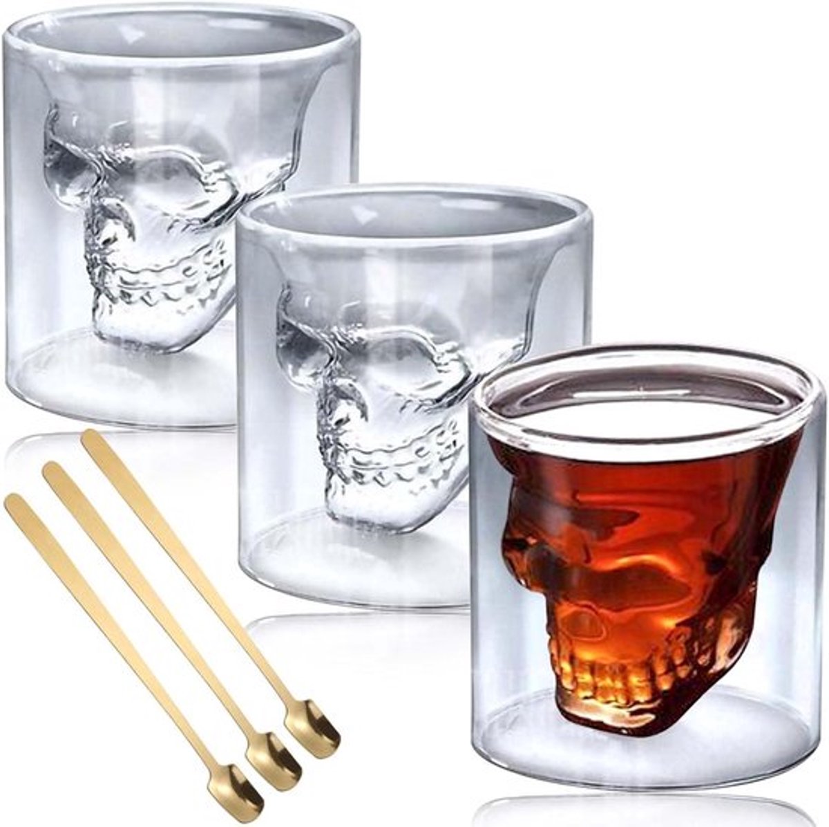 Set van 3 dubbelwandige doodskopglazen van 250 ml met lepels, ideaal voor cocktails, whisky, wodka en absint, voor een unieke en stijlvolle drinkervaring