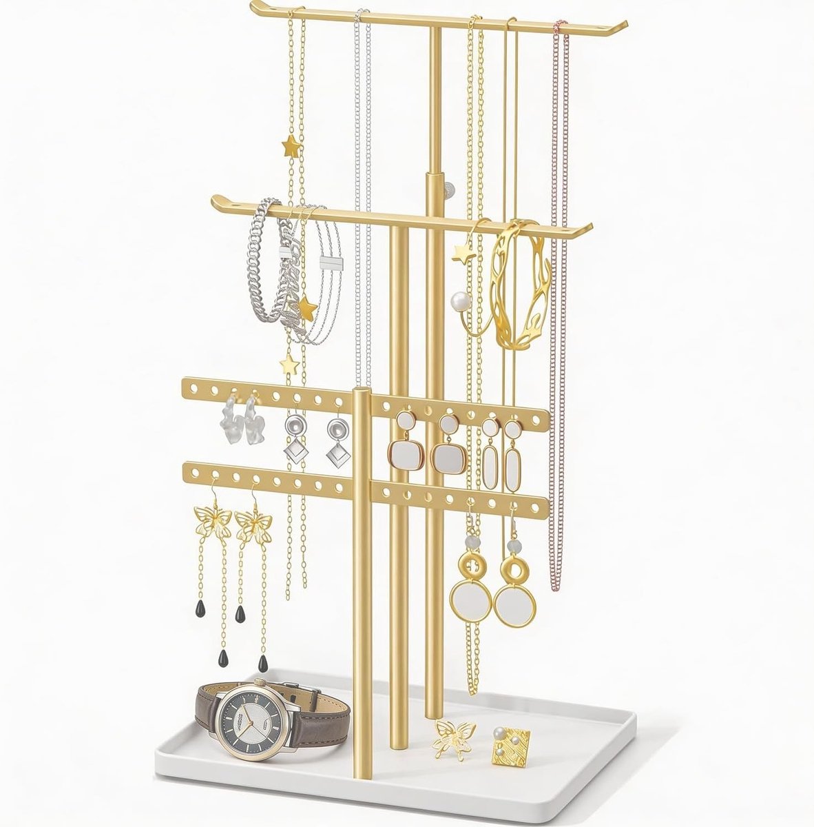 Sieradenstandaard met metalen frame, 3-laags organizer voor oorbellen, ringen en kettingen, perfect voor armbanden en horloges, goudkleurig design