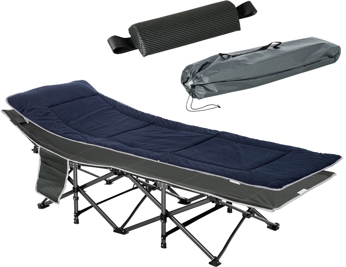 Campingbed, opvouwbaar veldbed met kussen, 188 x 64,5 x 53 cm, donkerblauw+grijs