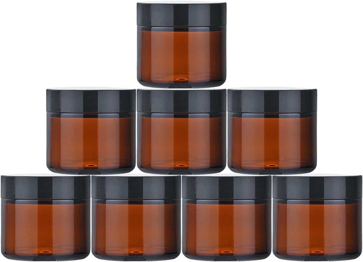 Set van 8 Stuks 60ml Amber Glazen Potjes met Deksel voor Cosmetica, Crème, Lotion en Reisgebruik