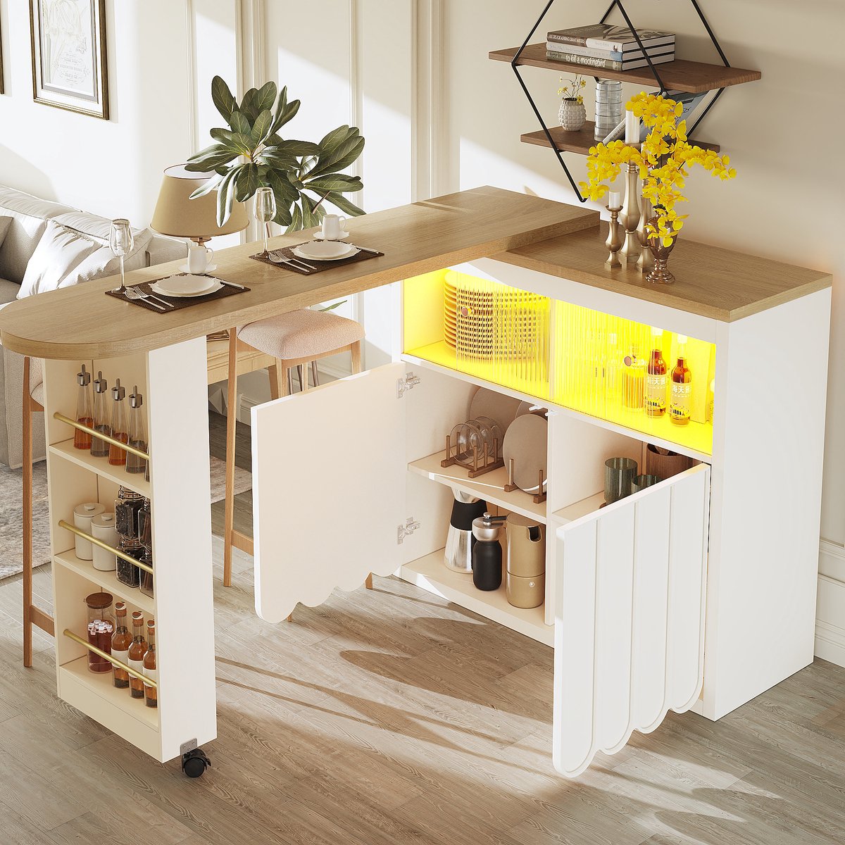 MODFU - Bartafel - Uitschuifbaar - Modern - Op Wielen - Met Opbergruimte - Wit - MDF