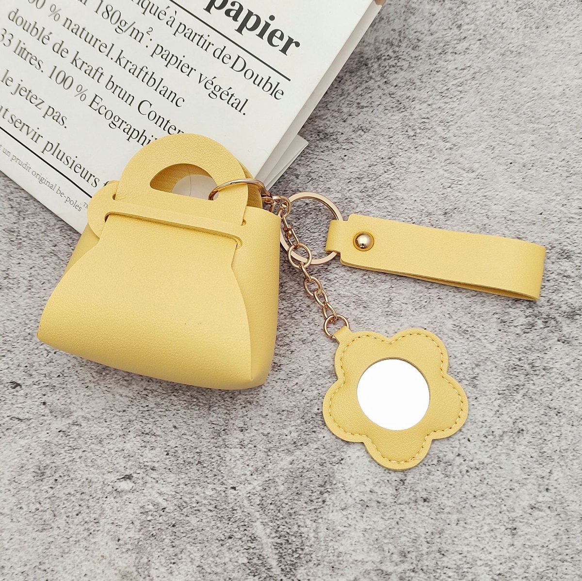 Geel PU mini tasje sleutelhanger set met bloemspiegel - compact lippenstift opbergzakje portemonnee voor make-up accessoires