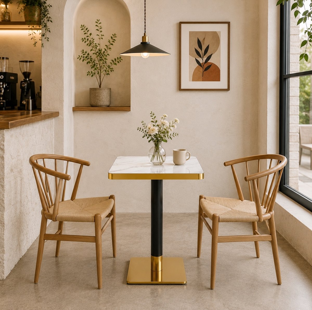 Wishdor - Eettafel - Vierkant 60 x 60 cm - Compact voor 2-4 personen - Modern - Eethoek of bistrohoek - Marmerlook houtlook en metalen onderstel - Wit - 74 cm hoog