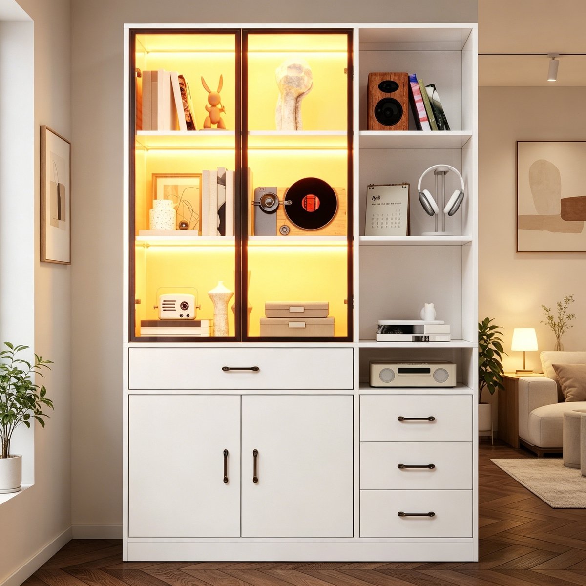 MODFU - Vitrinekast - LED - Wit - 120 X 35 X 200 Cm - Boekenkast