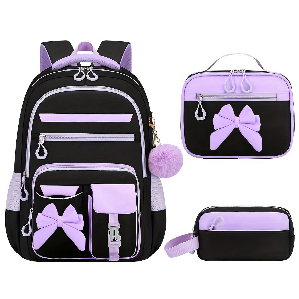 Schoolrugzak - Waterdicht - Met Lunchtas en Pennenzak - 27 Liter - Voor Meisjes - Voor School En Reizen - Zwart