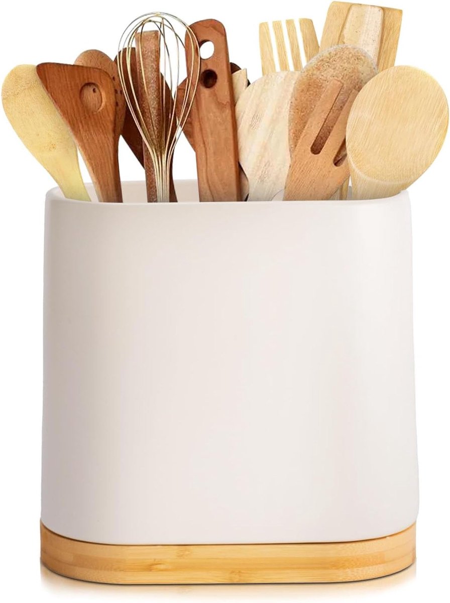 longziming -Keramische Keukengerei Houder - Bamboe Bestek Organizer - Multifunctionele Pot - Ruimtebesparend Design - Rutschvaste Bodem - Keramiek En Bamboe - Minimalistisch Zwart - Veelzijdig Gebruik - 1 Stuk