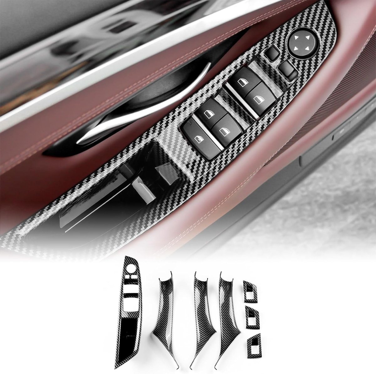 ABS binnendeur bedieningspaneel vensterglas lift schakelaar voor BMW 5 Serie F10 2011-2017, interieuraccessoires met koolstofvezelpatroon en deurklink decoratie